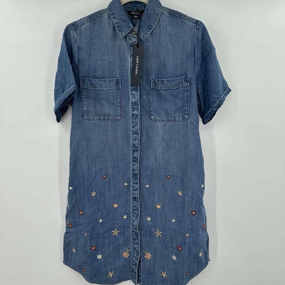 Driftwood Womens Floral Embroidered Denim Shirt Dress Blue Short Sleeve Sz XS